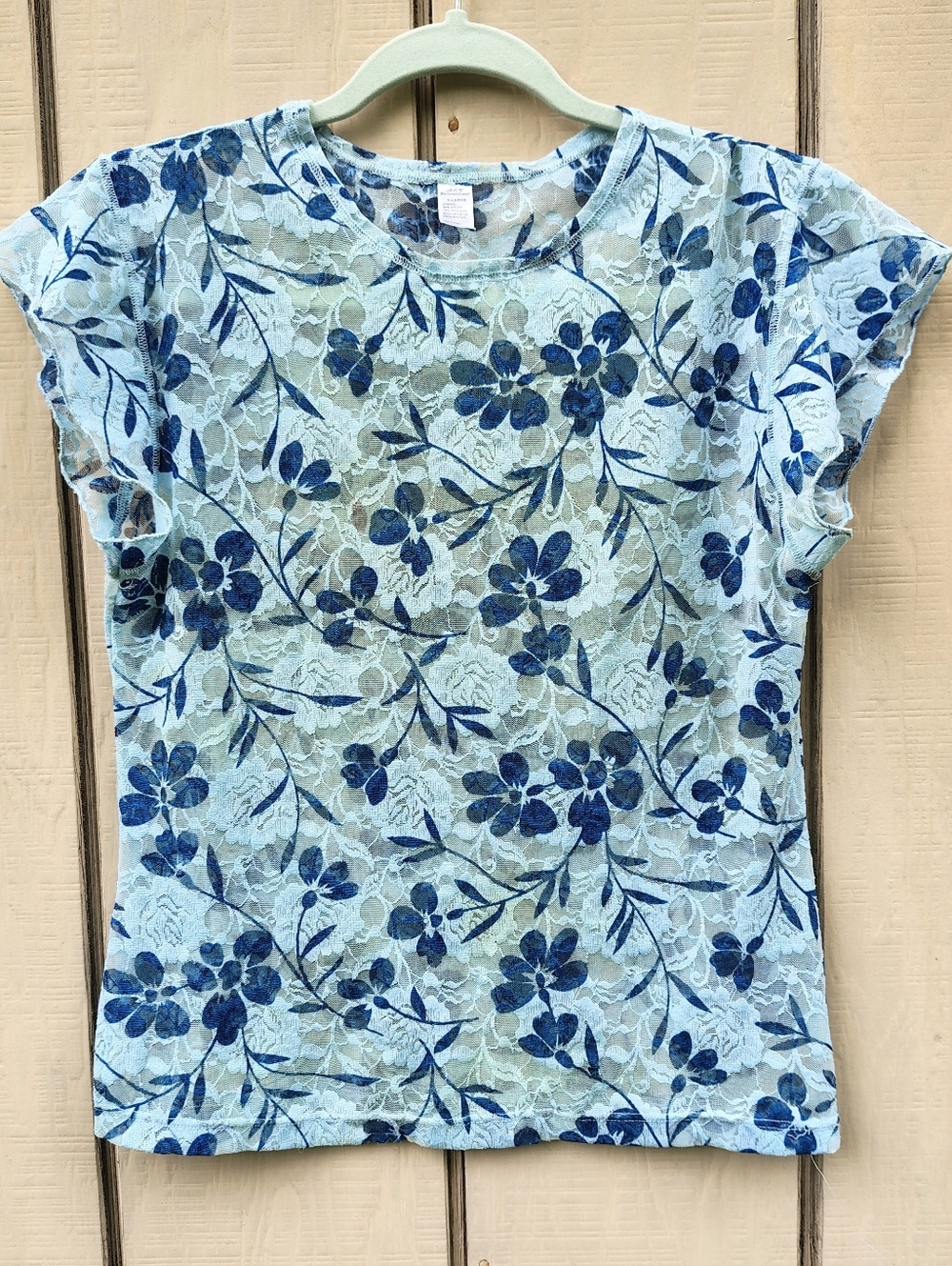 Lace Shell CoquetteTop Blue Floral Sheer Stretch XL Mermaid Fairy Core Layering